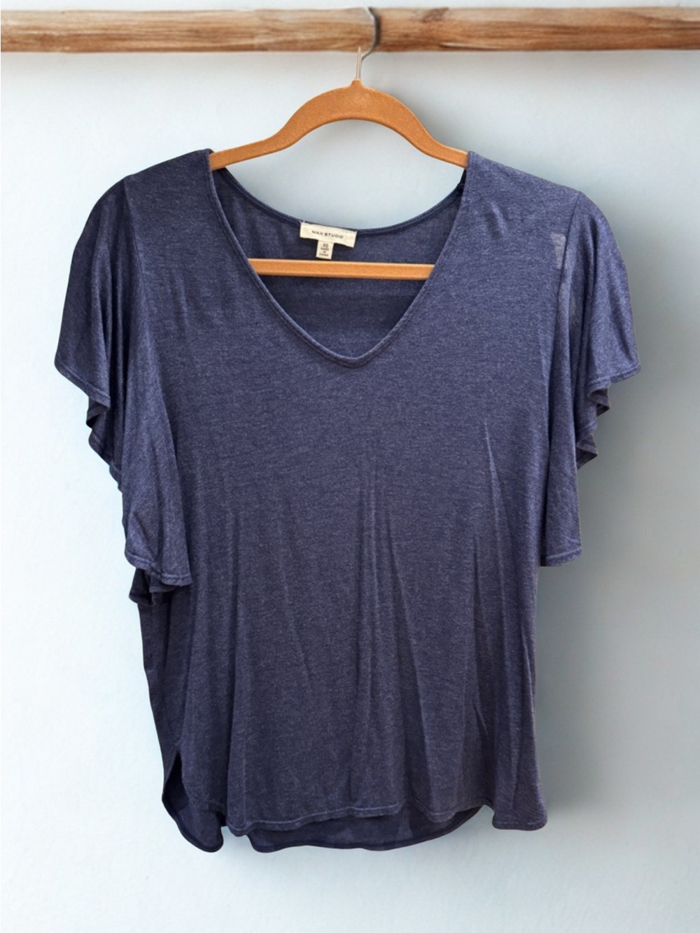 Max Studio Navy V-Neck Flutter/Split  Sleeve Top, Size XS